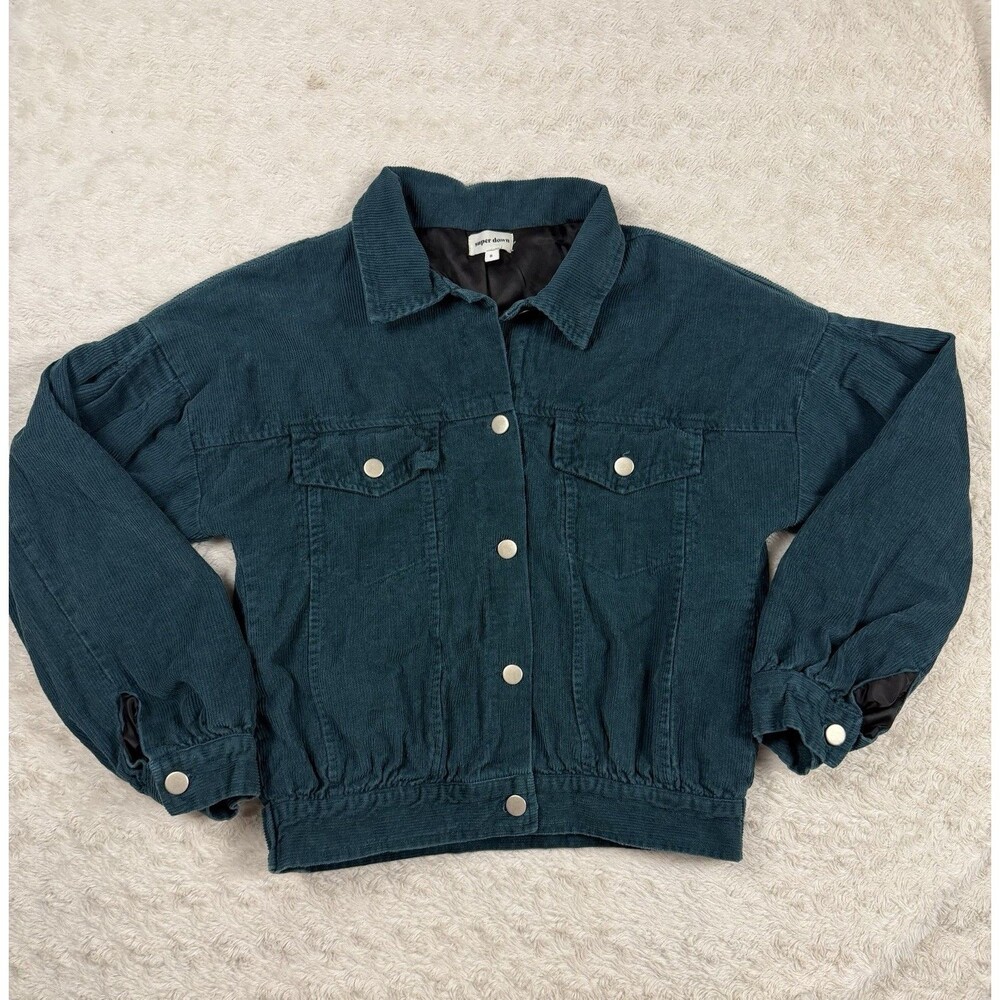 Super Down Women’s Teal Button Front Collared Jacket Short Pockets Size S